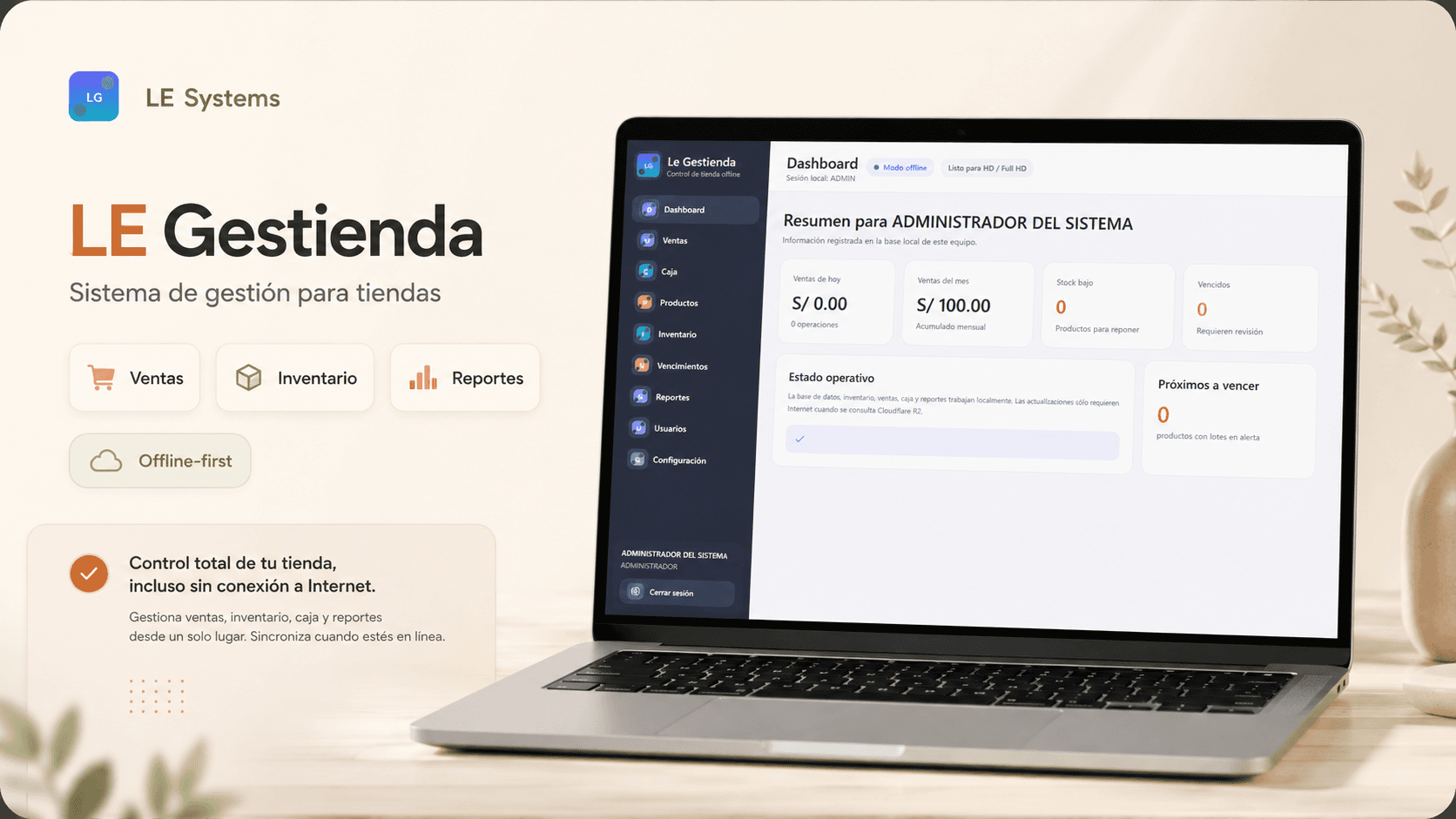 Vista promocional de LE Gestienda mostrando el dashboard del sistema en laptop