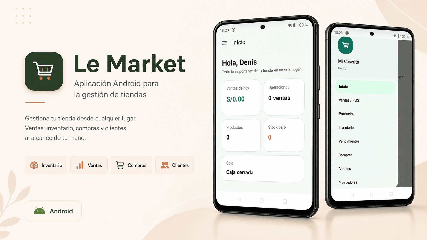 Vista promocional de Le Market mostrando la aplicación Android en teléfonos