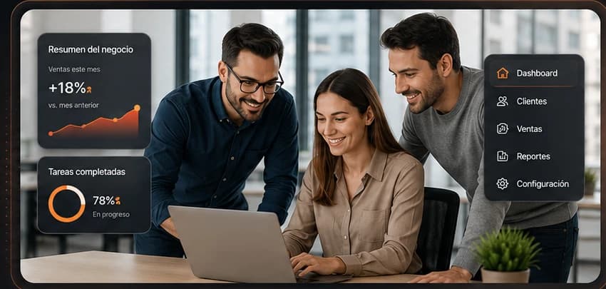 Equipo trabajando con una solución de software empresarial